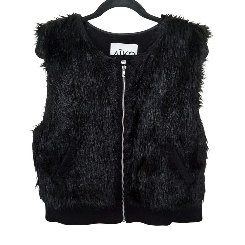 AIKO Black Metallic Faux-Fur Zip Vest Women's S